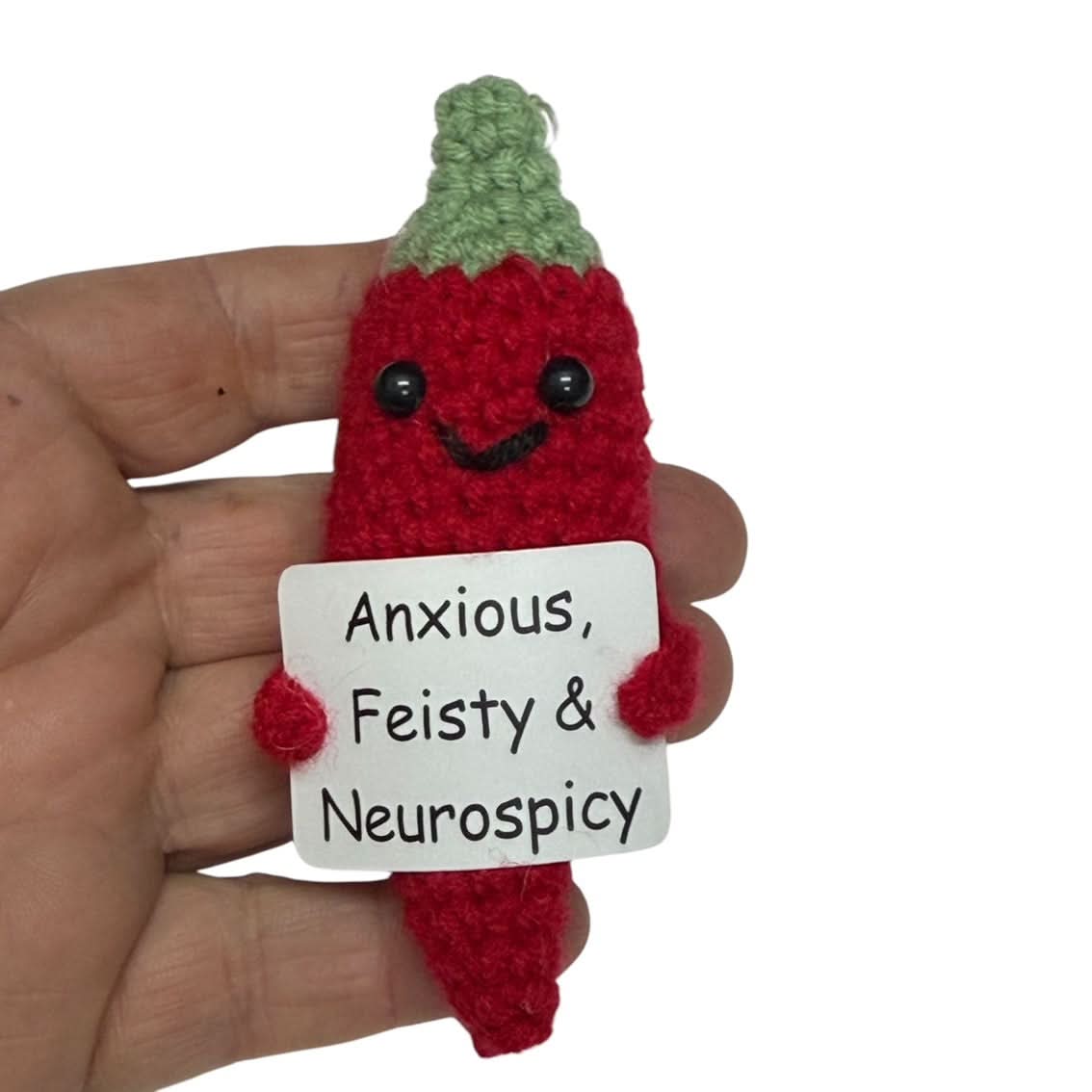 Anxious, Feisty & Neurospicy Chilli - Mini Hand Crochet Plush Supports
