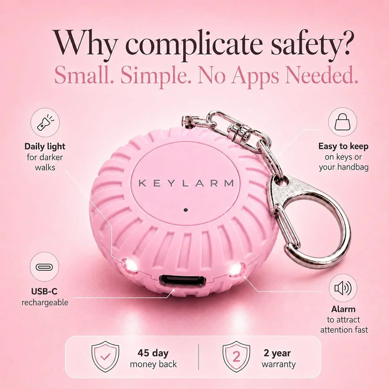 KEYLARM Personal Safety Alarm + LED Light - Be Heard. Be Seen.  Be Safe.