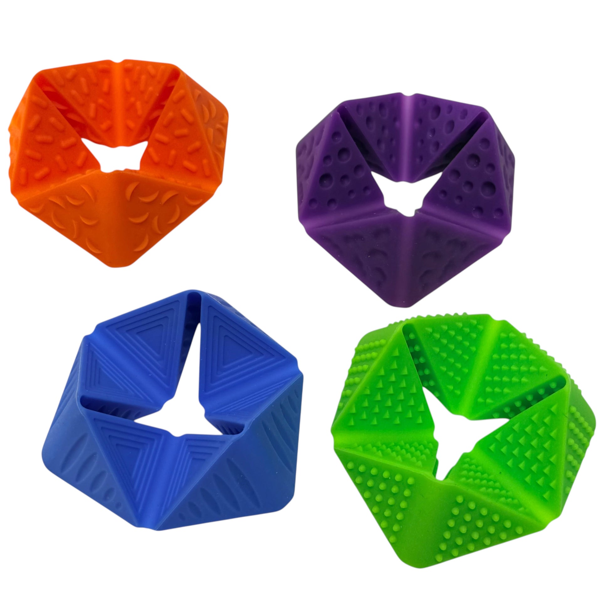 Four colourful Kaiko FLIPPI textured silicone sensory tools shown in folded positions