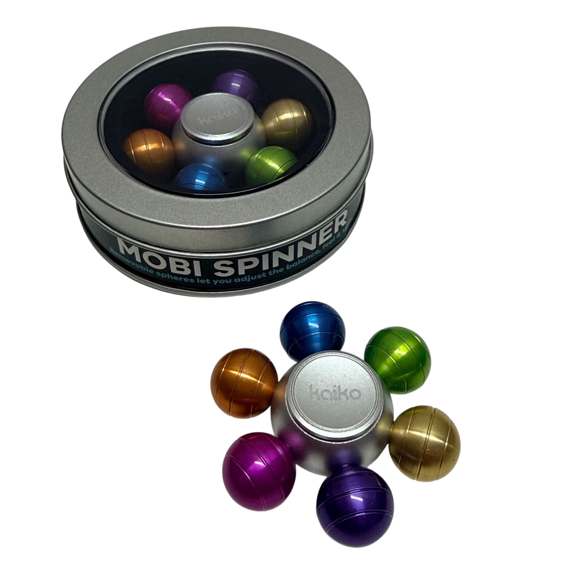 Mobi Spinner displayed beside its included reusable window tin