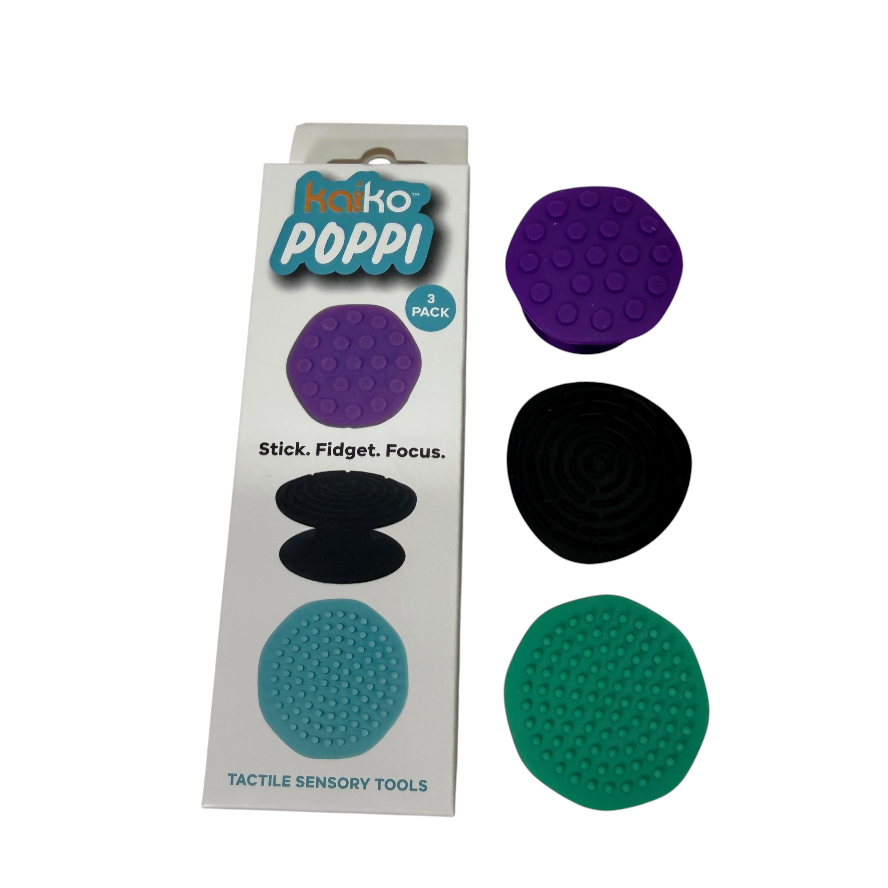 Kaiko POPPI 3 pack with purple black and teal textured suction sensory tools