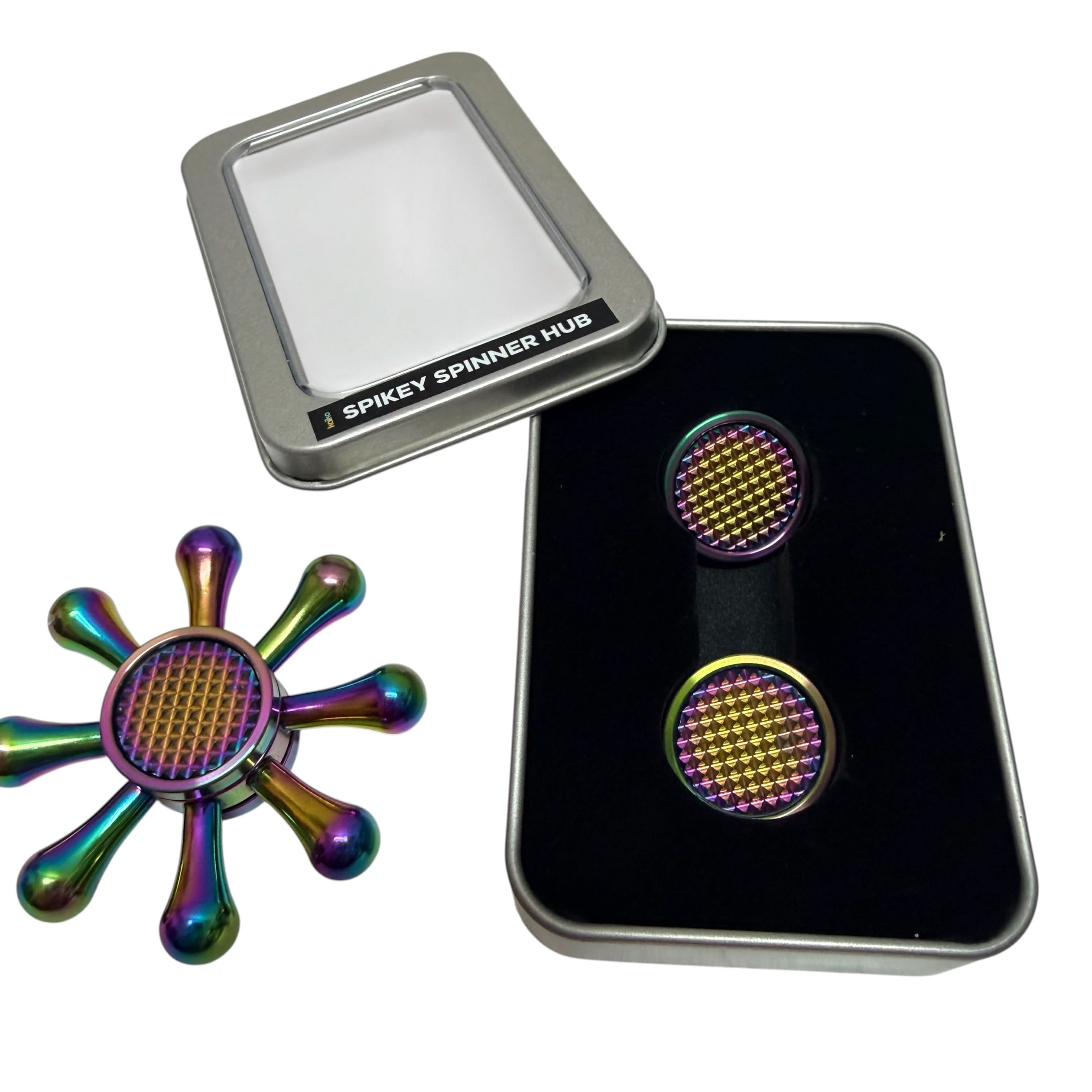 Kaiko Wheel Spinner fitted with a Spikey Spinner Hub beside the packaged pair