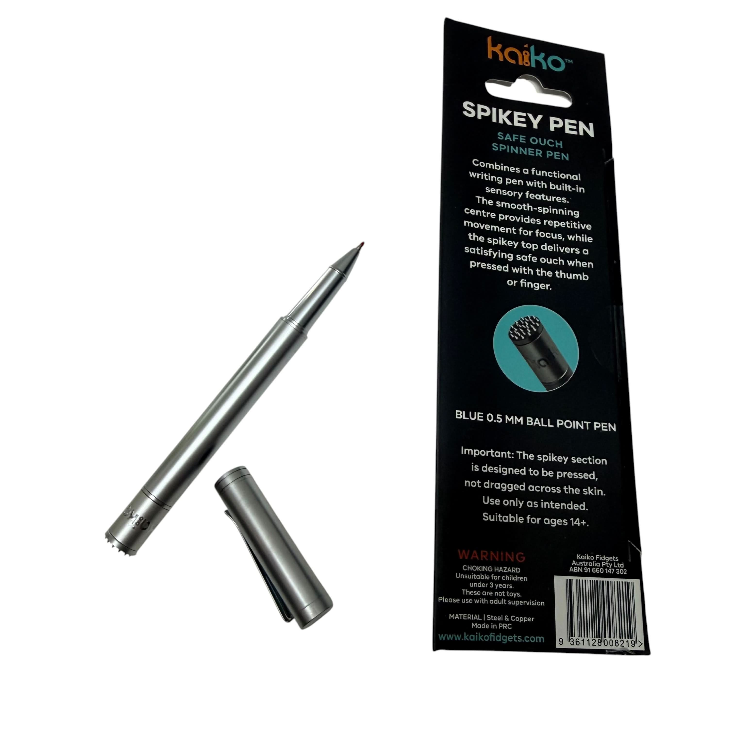 Spikey Spinner Pen by Kaiko with black metal body, spinner and textured Spikey top